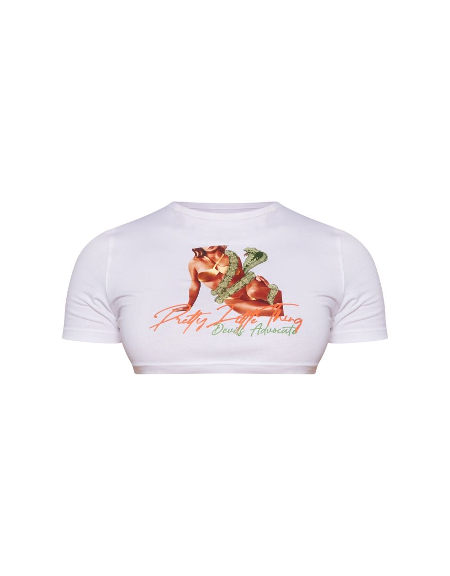 Shape White Snake Printed Graphic Super Crop T-shirt - 4