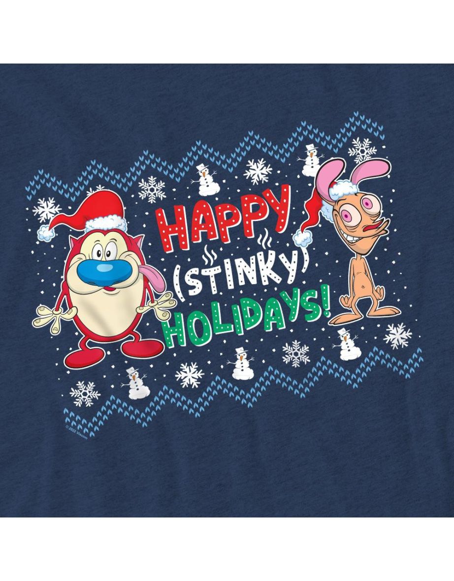 Ren & Stimpy Unisex Adult Happy Stinky Holidays Christmas Jumper T-Shirt - Navy - 3