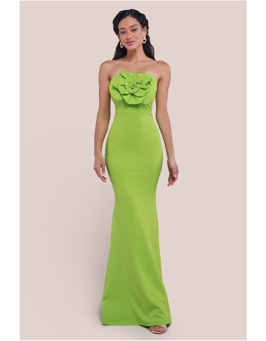 Goddiva Scuba Crepe Bandeau Rose Maxi Dress - Lime