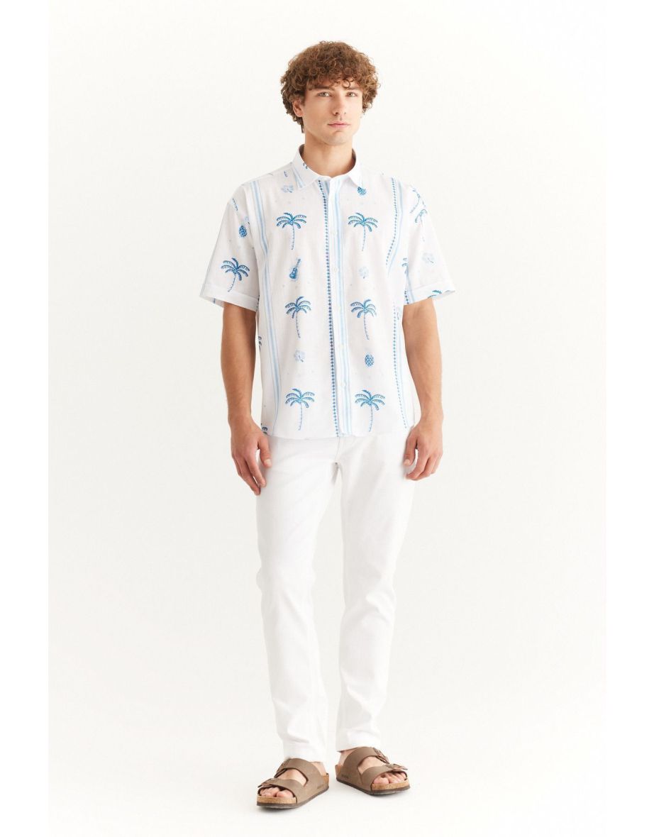 Men's White-Navy Blue Oversize Loose Cut Classic Collar 100% Cotton Printed Shirt