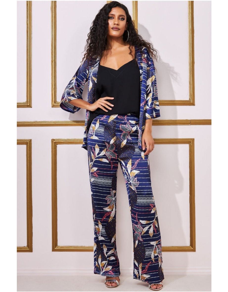 Goddiva Printed Satin Wide Leg Trouser - Navy