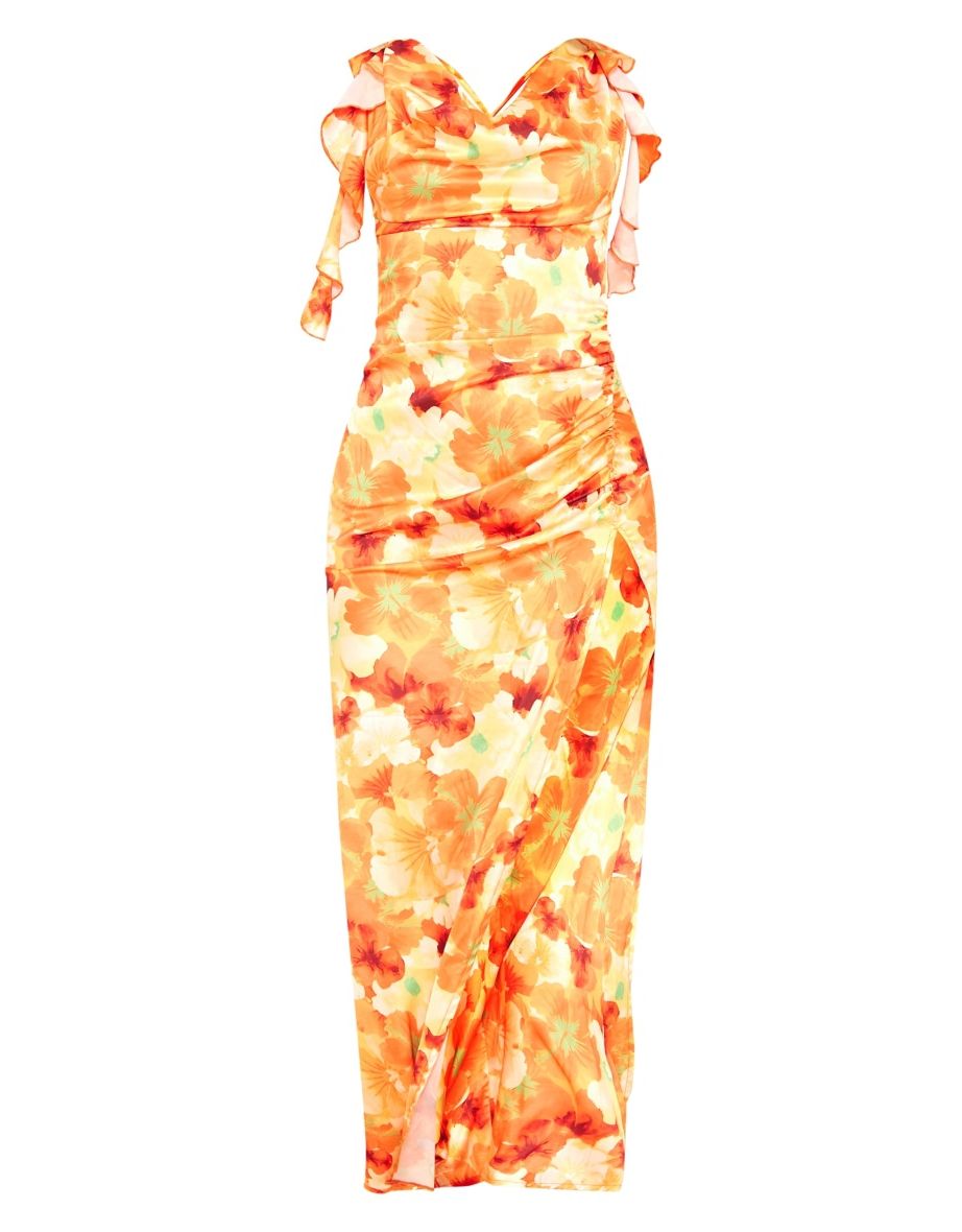 Orange Satin Watercolour Cowl Backless Frill Maxi Dress - 4