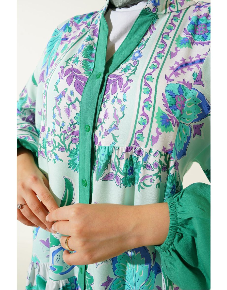 Green A-Line Midaxi Dress with Long Sleeves - 6