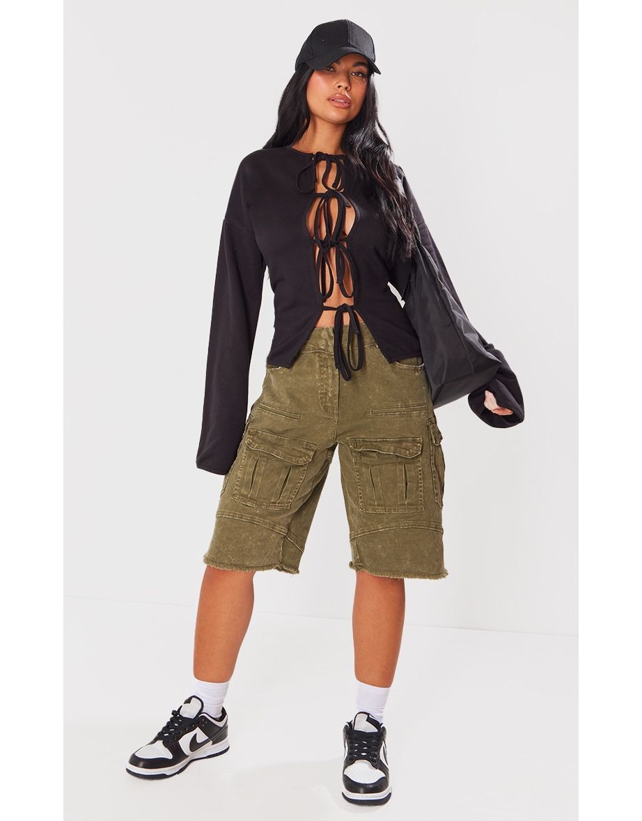 Black Tie Front Flared Sleeve Sweat Top