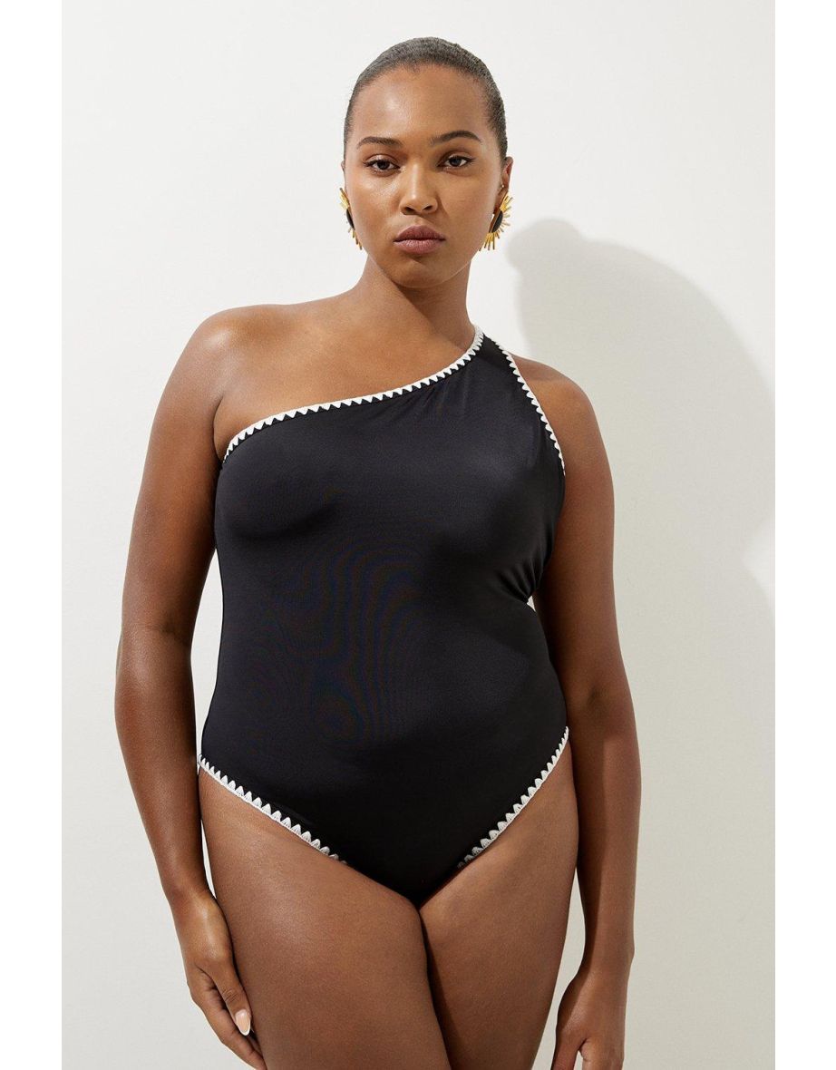 Plus Size Contrast Stitch One Shoulder Swimsuit