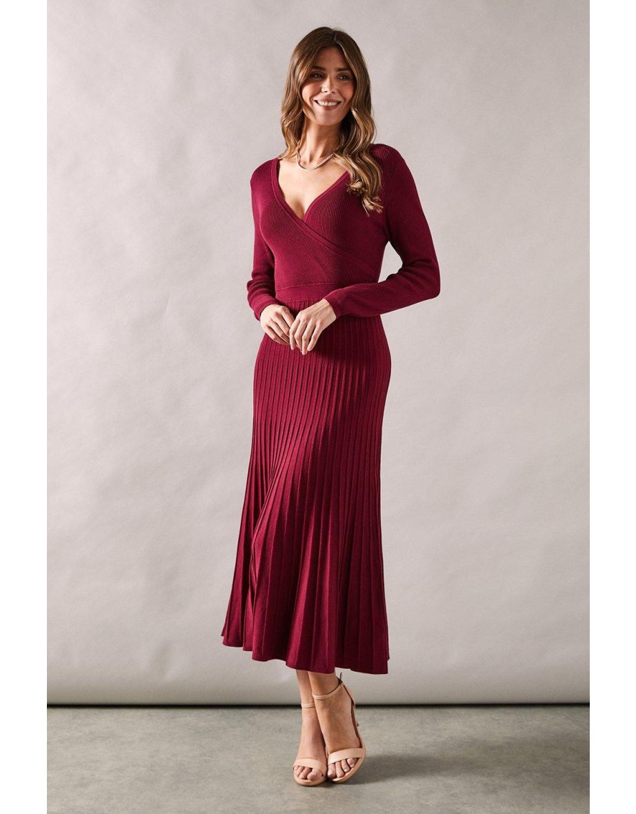 Pleated Skirt Wrap Detail Knitted Midaxi Dress