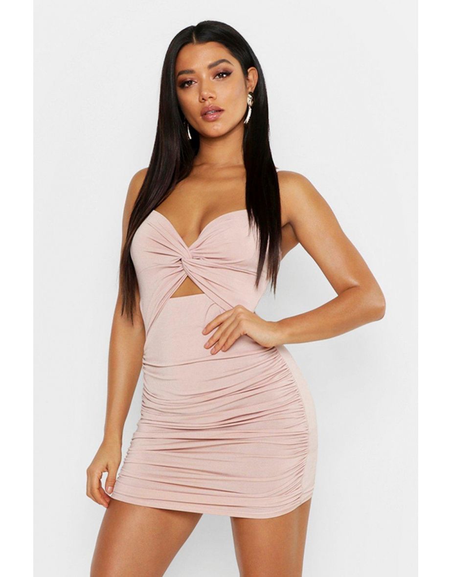 Rouche Knot Front Bodycon Mini Dress - nude