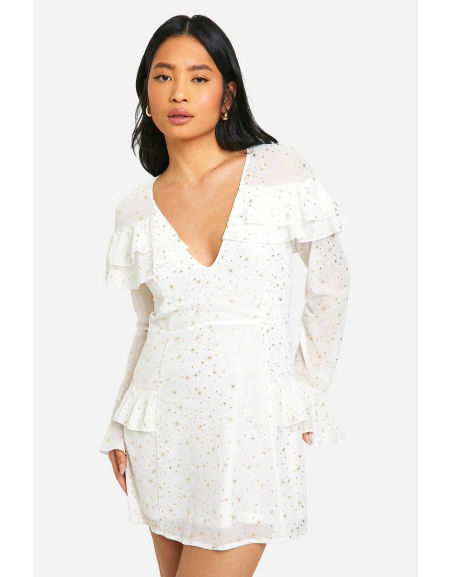 Petite Star Ruffle Detail Plunge Mini Dress - white