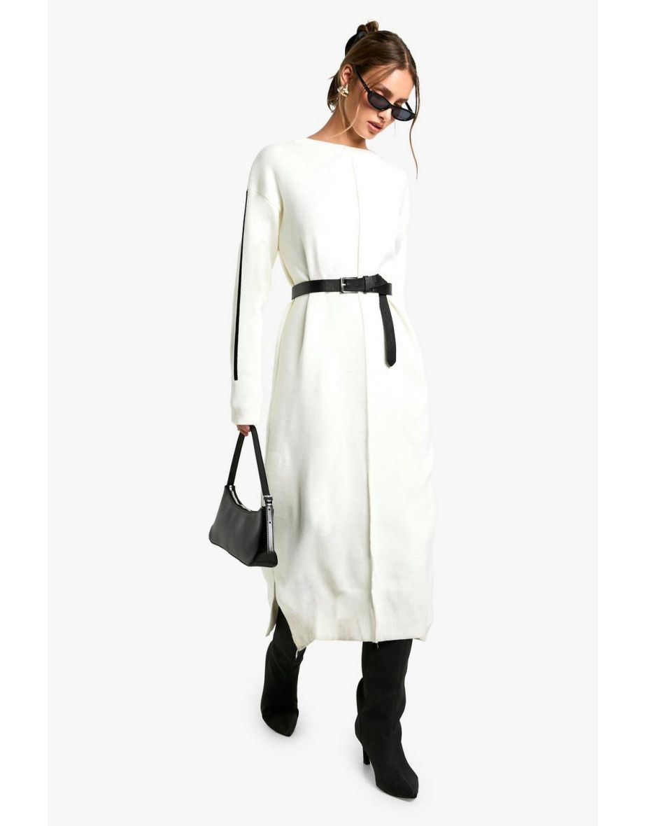 Side Stripe Knitted Dress - cream