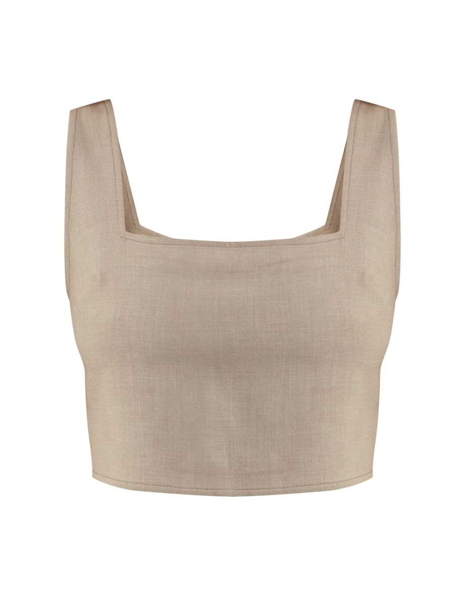 Oatmeal Woven Square Neck Corset Top - 4