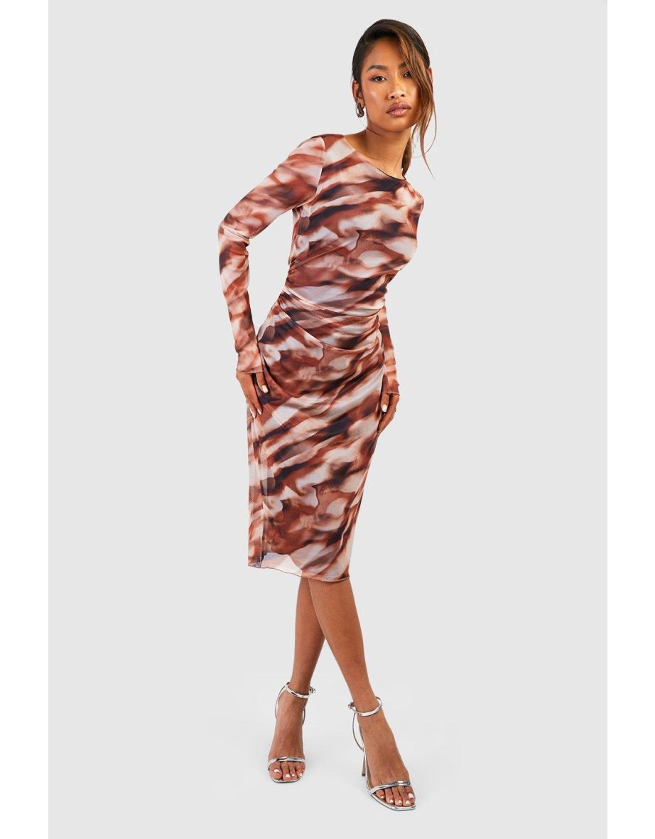 Boohoo Brown Ruched Column Midi Dress