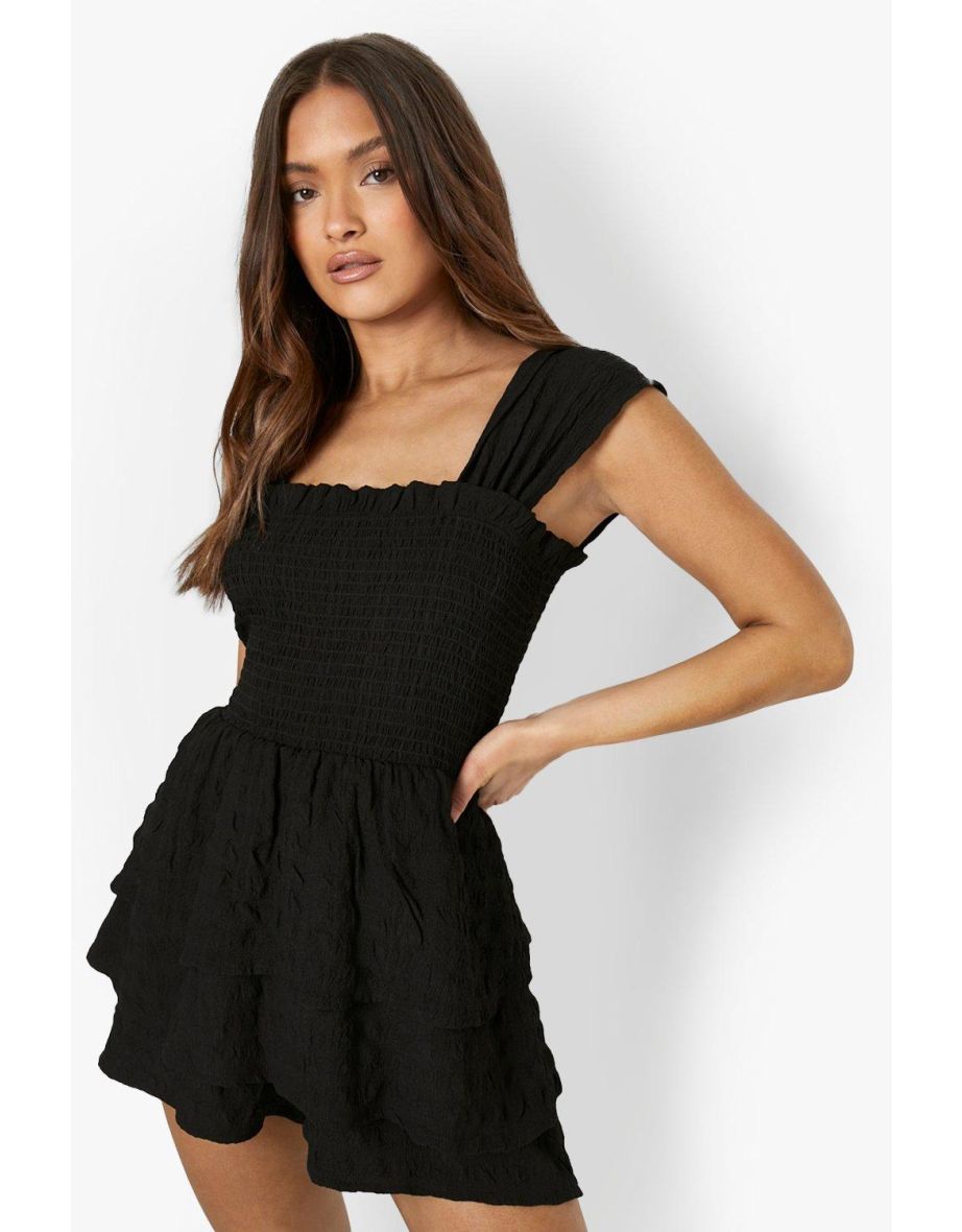 Textured Shirred Layered Playsuit - black