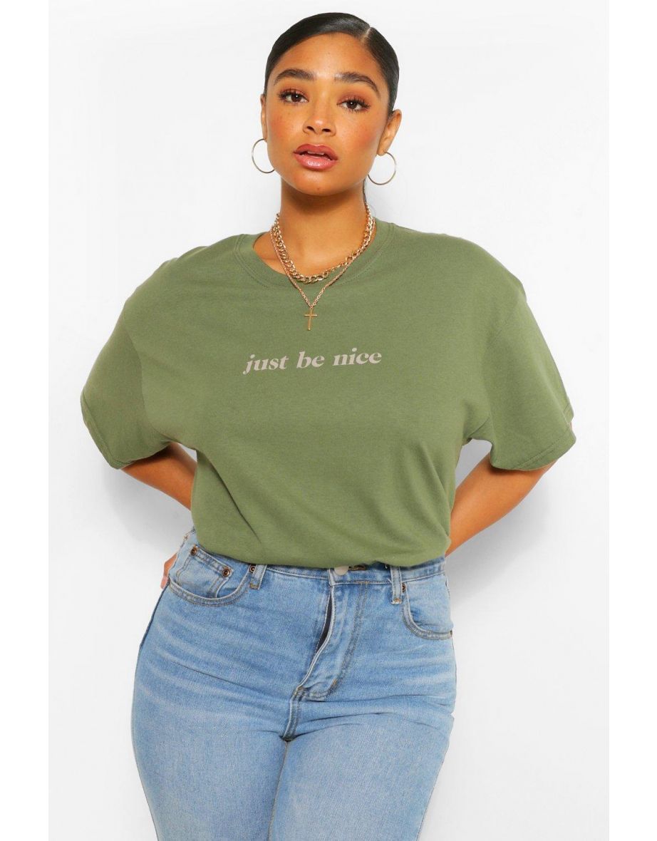 Plus Be Nice Slogan T-Shirt - khaki