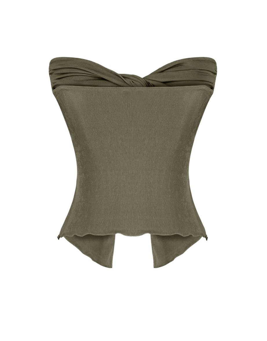 Khaki Premium Buzzy Heart Neck Gathered Crop Knit Top - 7