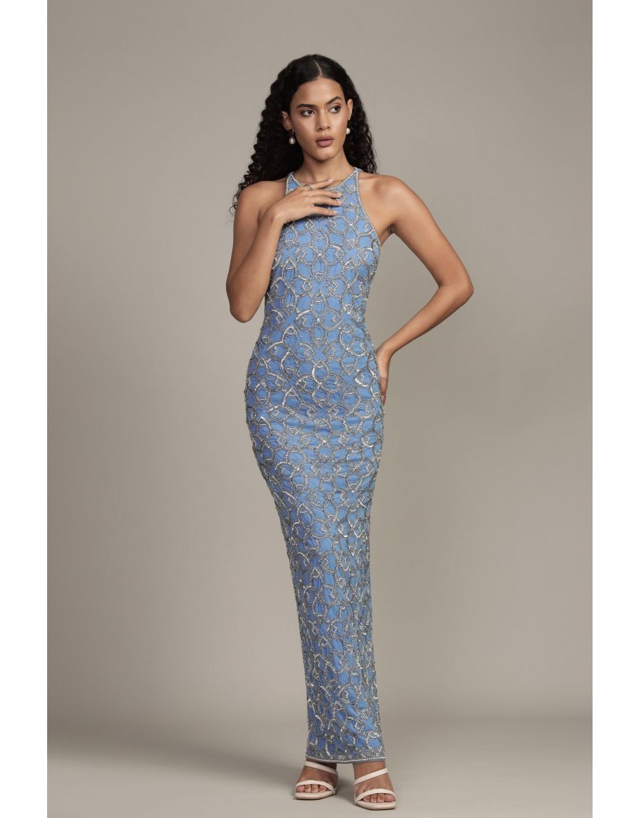 Maddox Embellished Floor Dress in Powder Blue