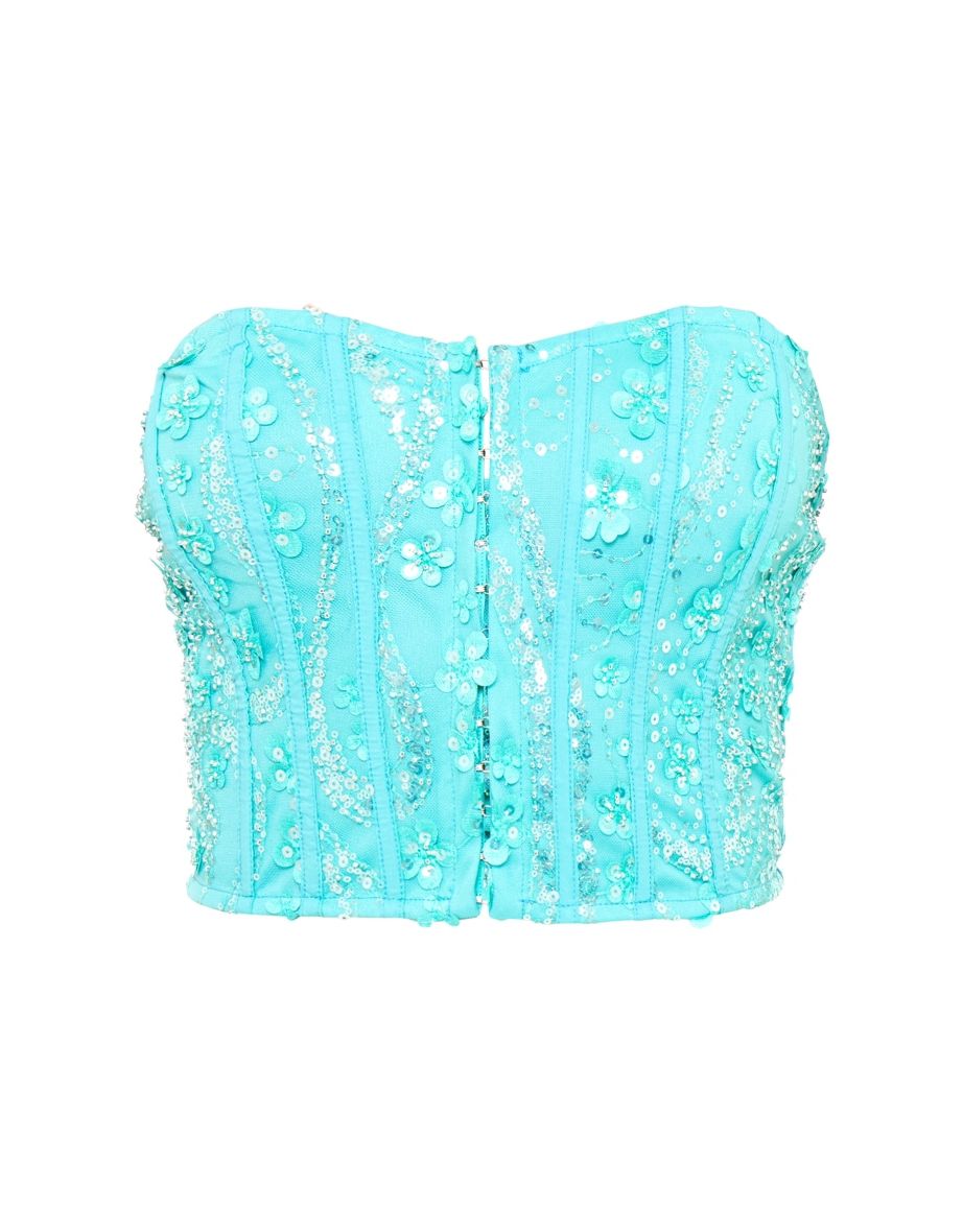 Turquoise Sequin Chiffon Boned Corset - 4