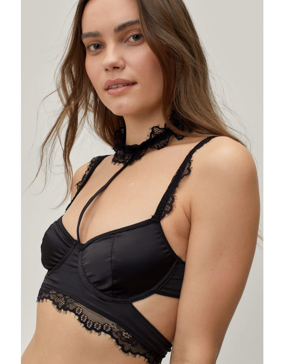 Satin Lace Trim Underwire Strappy Choker Bralette and Thong Set - 1