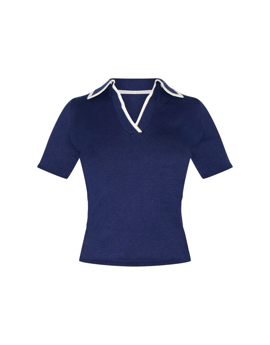 Navy Knitted Contrast Polo Collar Top - 4