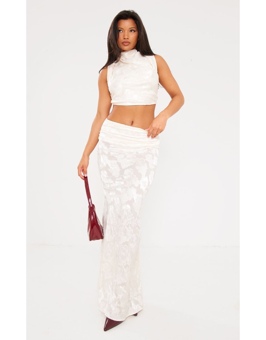 Cream Woven Floral Low Rise Fishtail Maxi Skirt