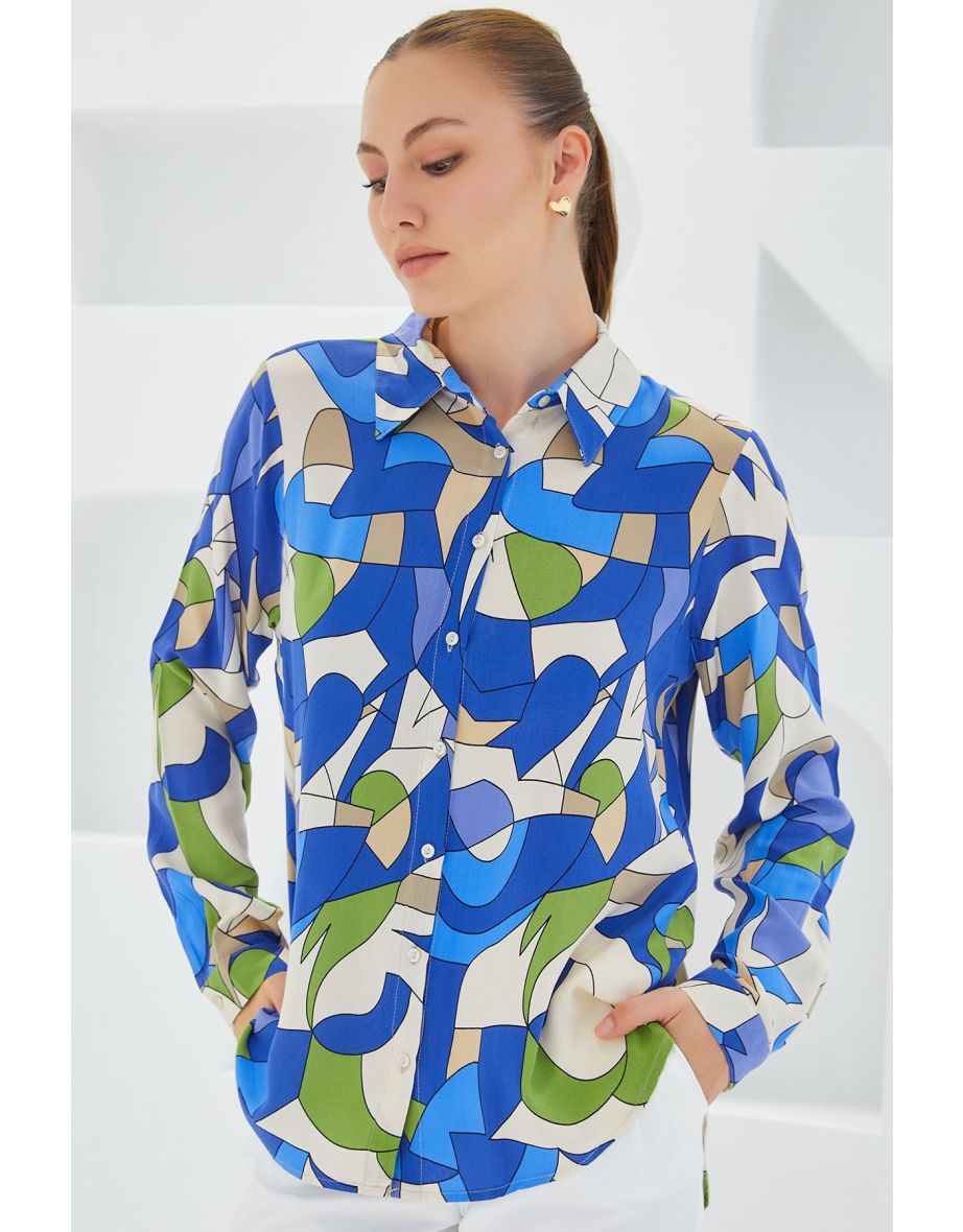 Women's Indigo Beige Graphic Patterned Viscose Shirt