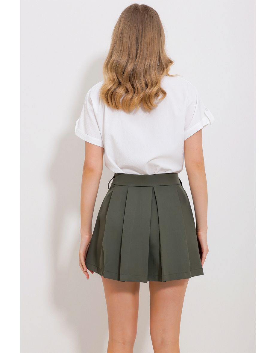 Women's Khaki Double Pocket Pleated Skirt - 3