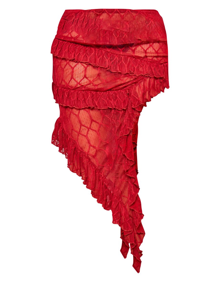 Red Sheer Textured Ruffle Asymmetric Midi Skirt - 4