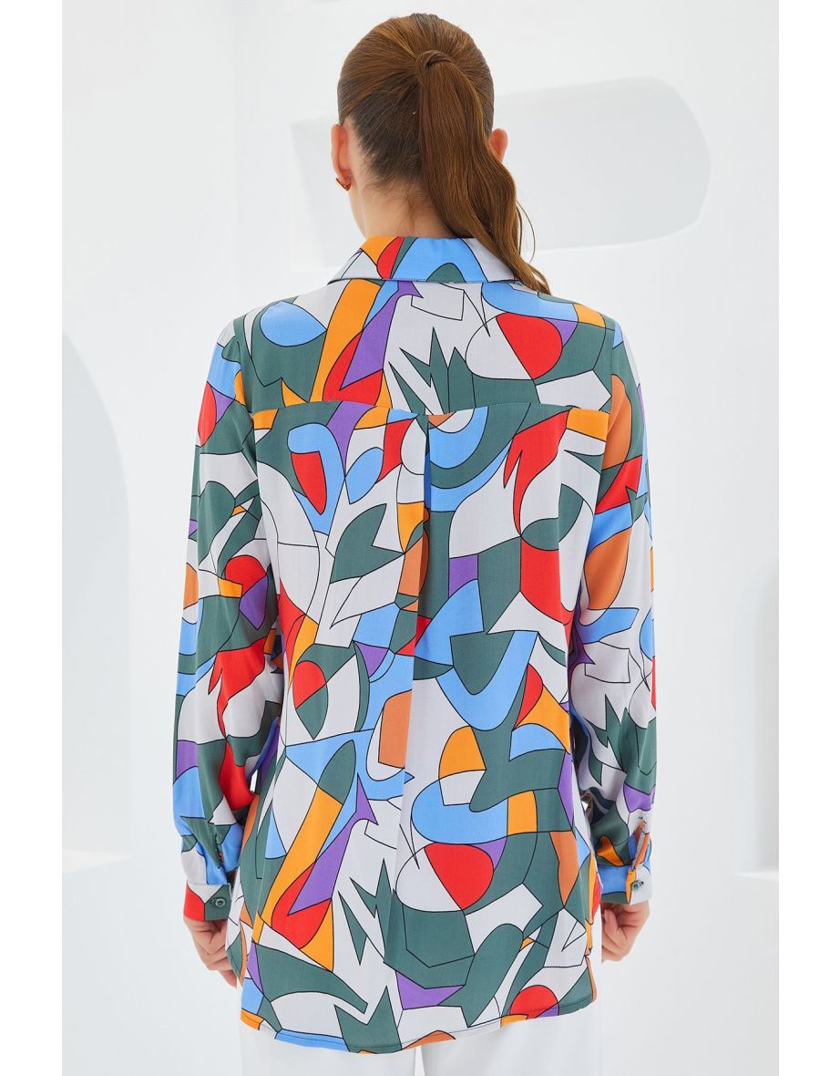 Women's Khaki Blue Graphic Patterned Viscose Shirt - 4