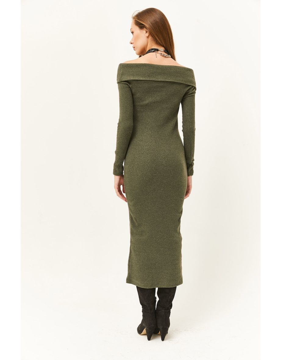 Women's Khaki Madonna Collar Lycra Long Dress - 3