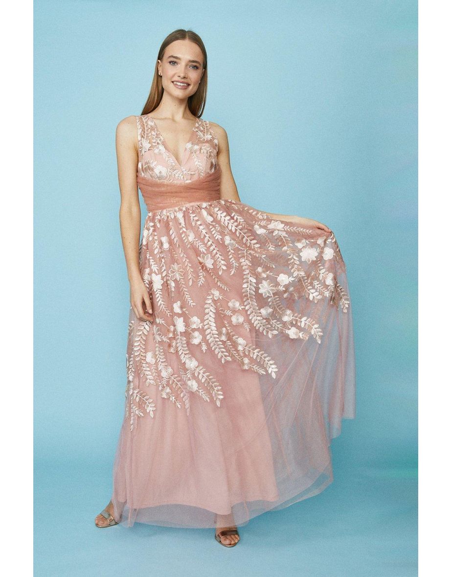 Embellished Leaf Tulle Maxi Dress