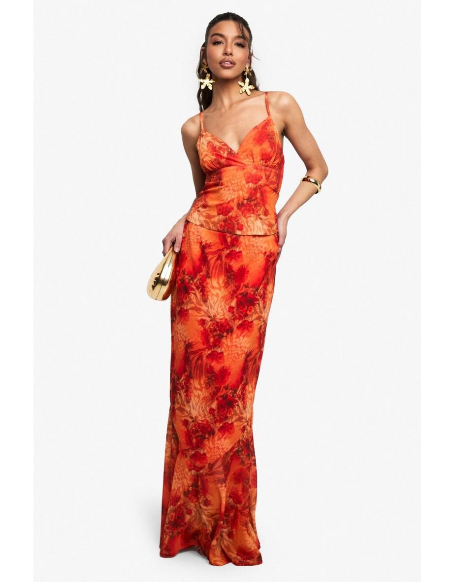 Chiffon Floral Print Strappy Top - orange