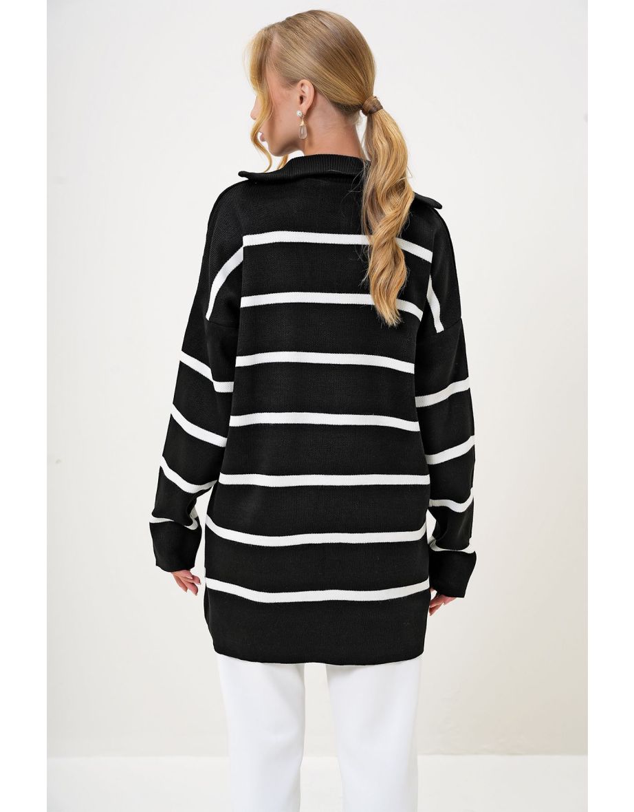 Women's Black Turtleneck Zipper Detailed Striped Knit Sweater Tunic - 4