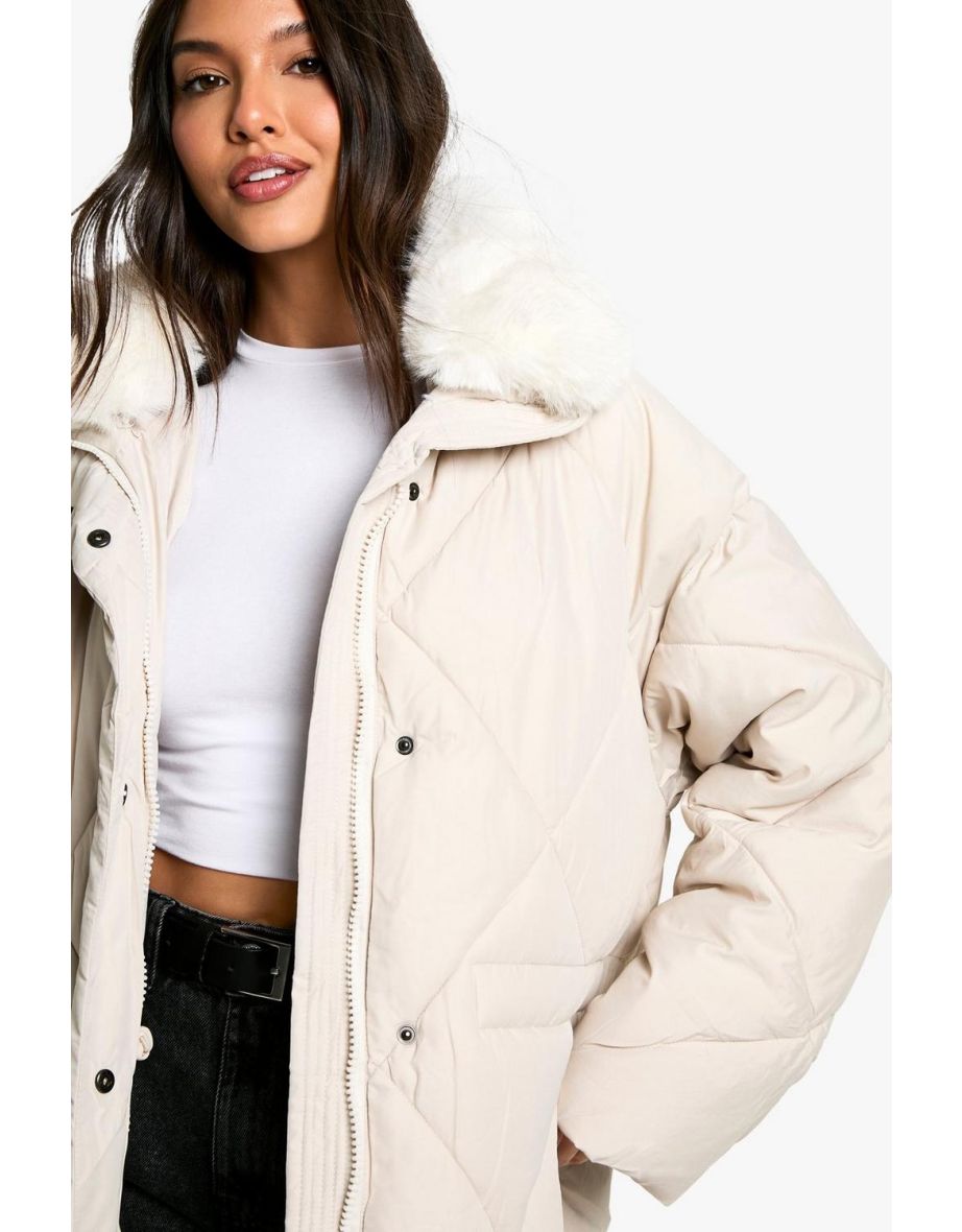 Premium Faux Fur Trim Quilted Maxi Parka - cream - 3
