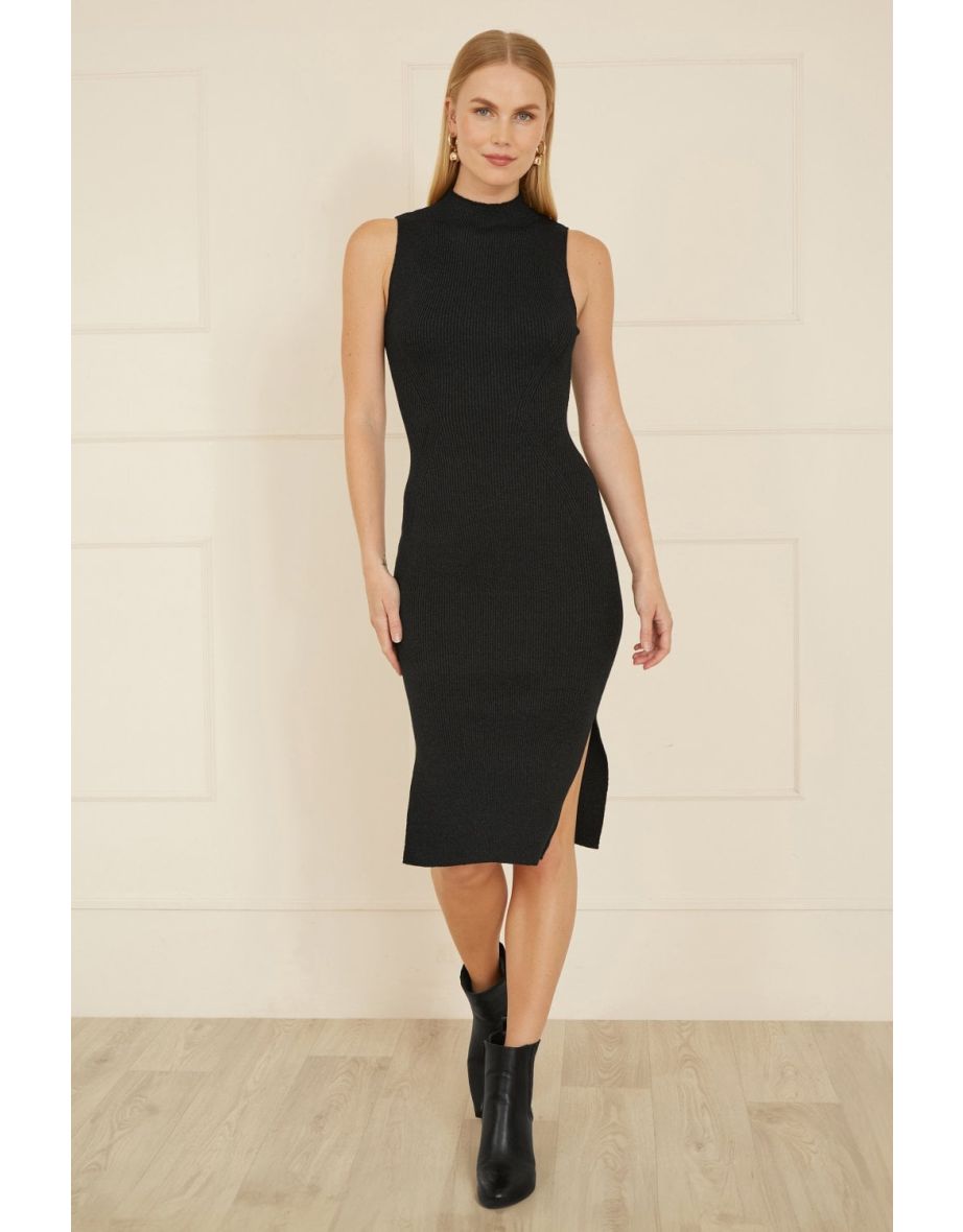 Yumi Black Metallic Fitted High Neck Midi Dress