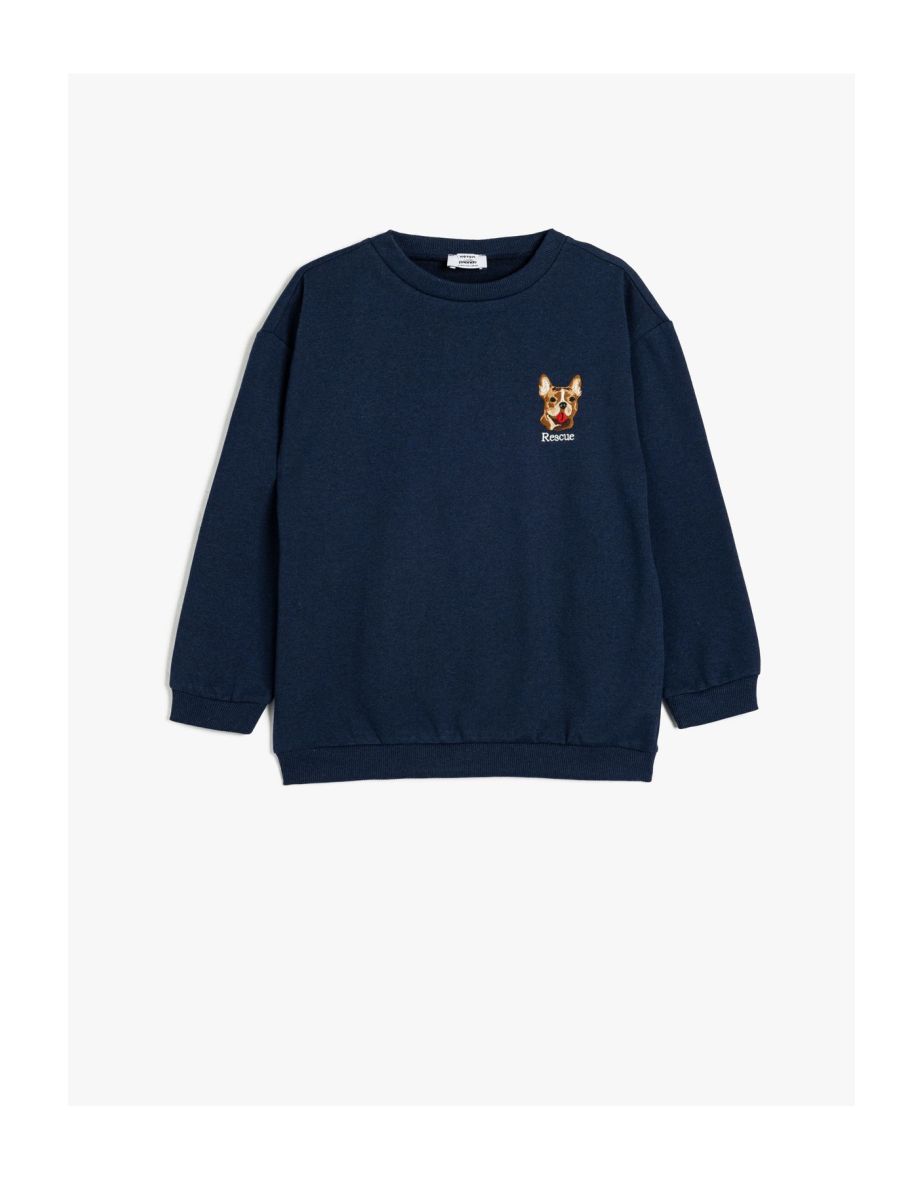 Sweatshirt Dog Embroidered Crew Neck Long Sleeve