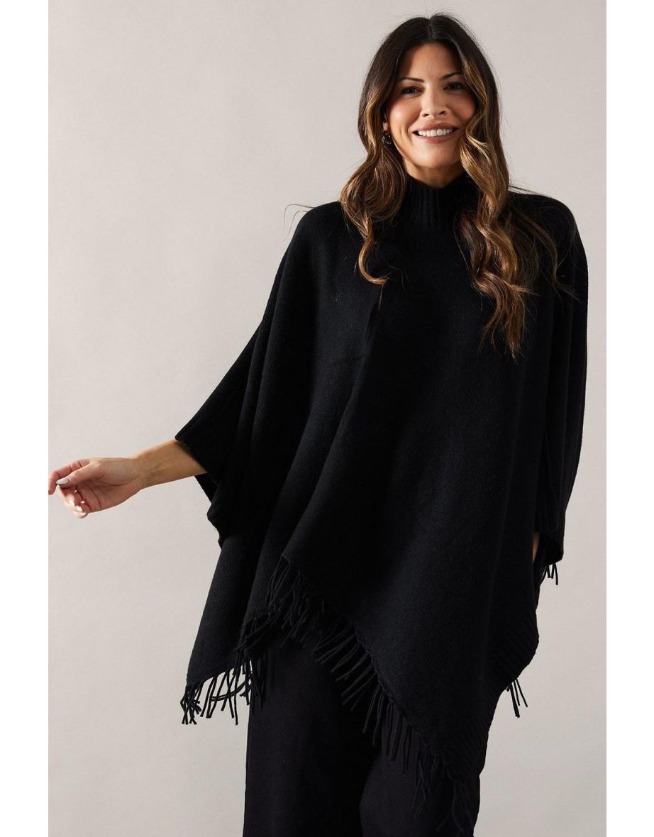 Fringe Hem High Neck Poncho