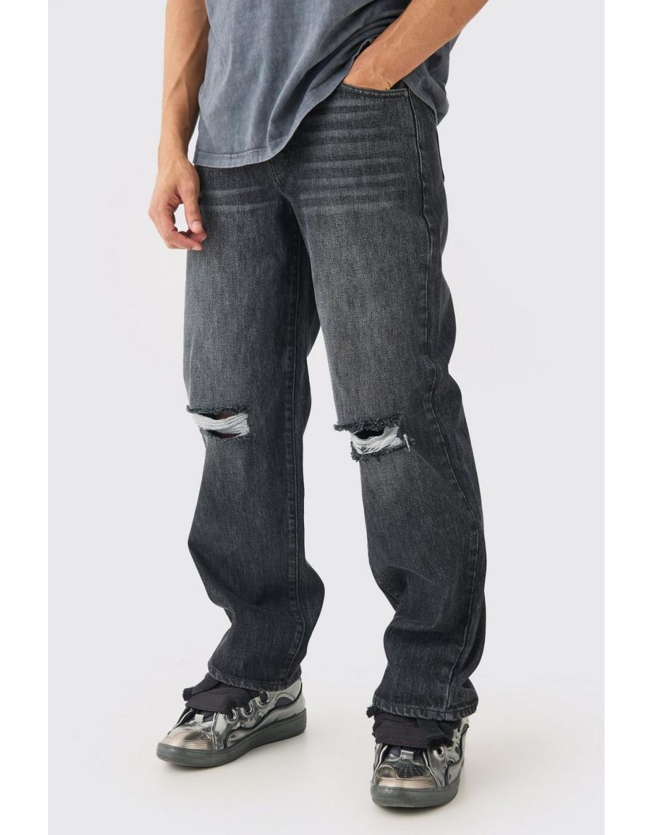 Baggy Rigid Black Wash Ripped Knee Jeans - black