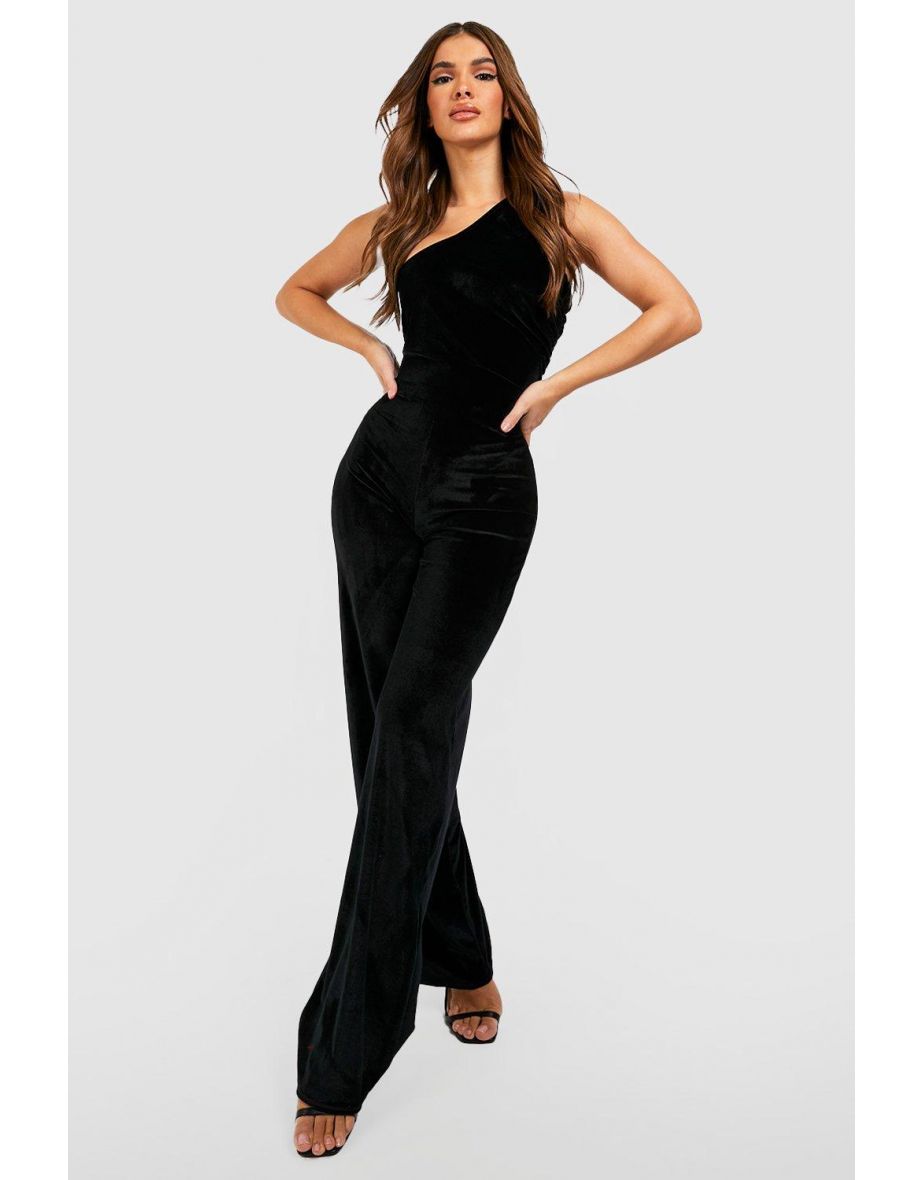 Velvet One Shoulder Wide Leg Jumpsuit - black - 3
