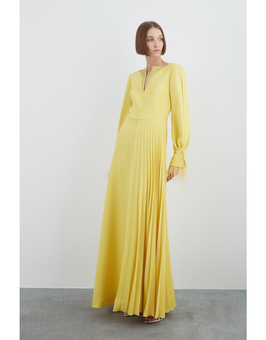 Yellow Dress with Embroidery and Feather Detail, Asymmetric Hem with Sleeve Slits
