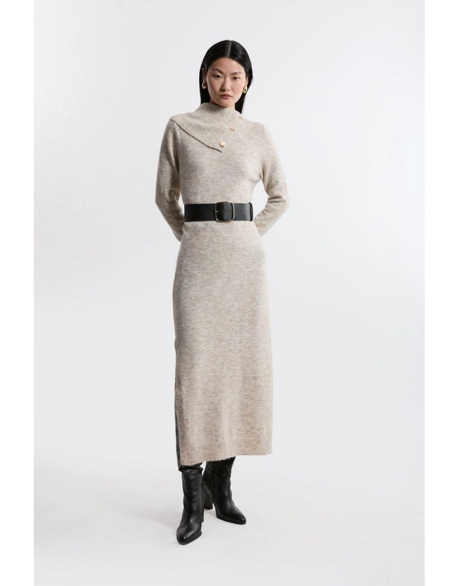 Wool Blend Cosy Envelope Belted Knit Maxi Dress