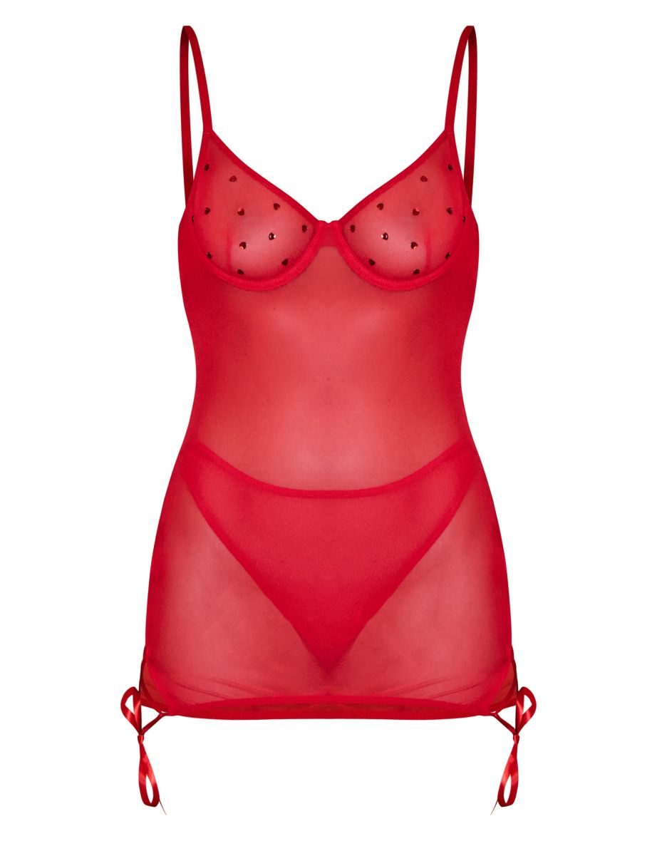 Red Mesh Diamante Heart Underwired Lace Up Slip Dress - 3