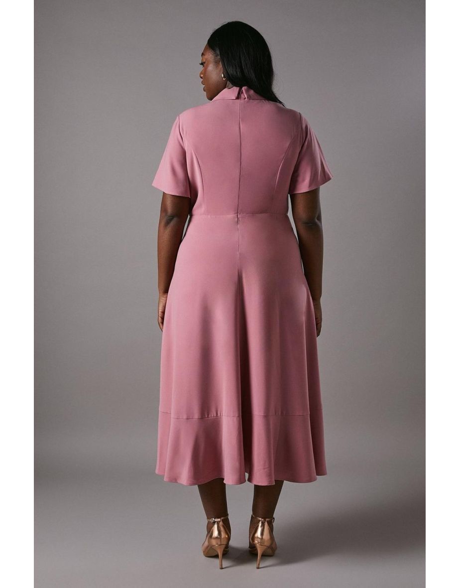 Plus Shawl Collar Ruffle Hem Midi Dress With Fluted Sleeve - 3