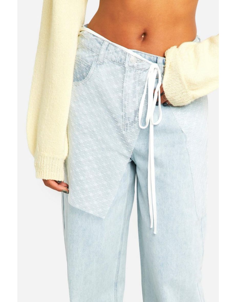 Detachable Lace Tie Skirt Overlay And Washed Wide Leg Denim Jean - washed blue - 3