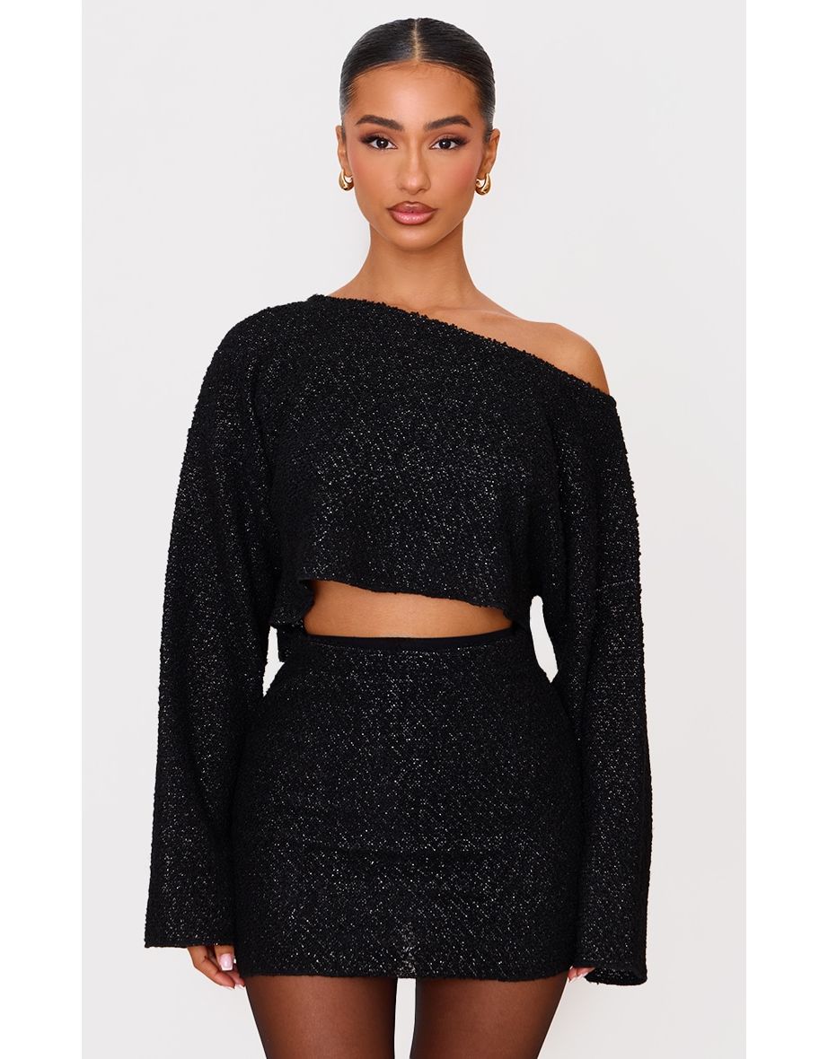 Petite Black Sparkly Knit Off The Shoulder Cropped Jumper