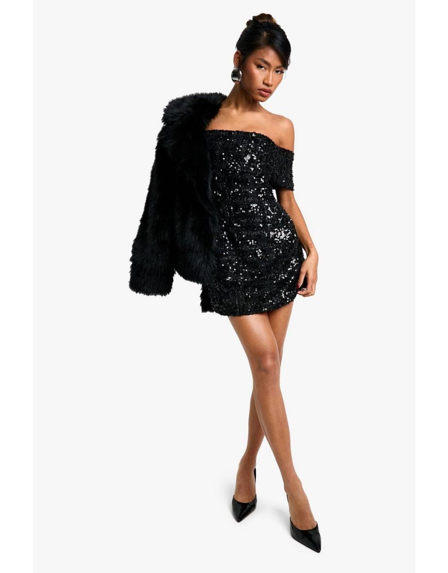 Bardot Boucle Sequin Shift Mini Dress - black