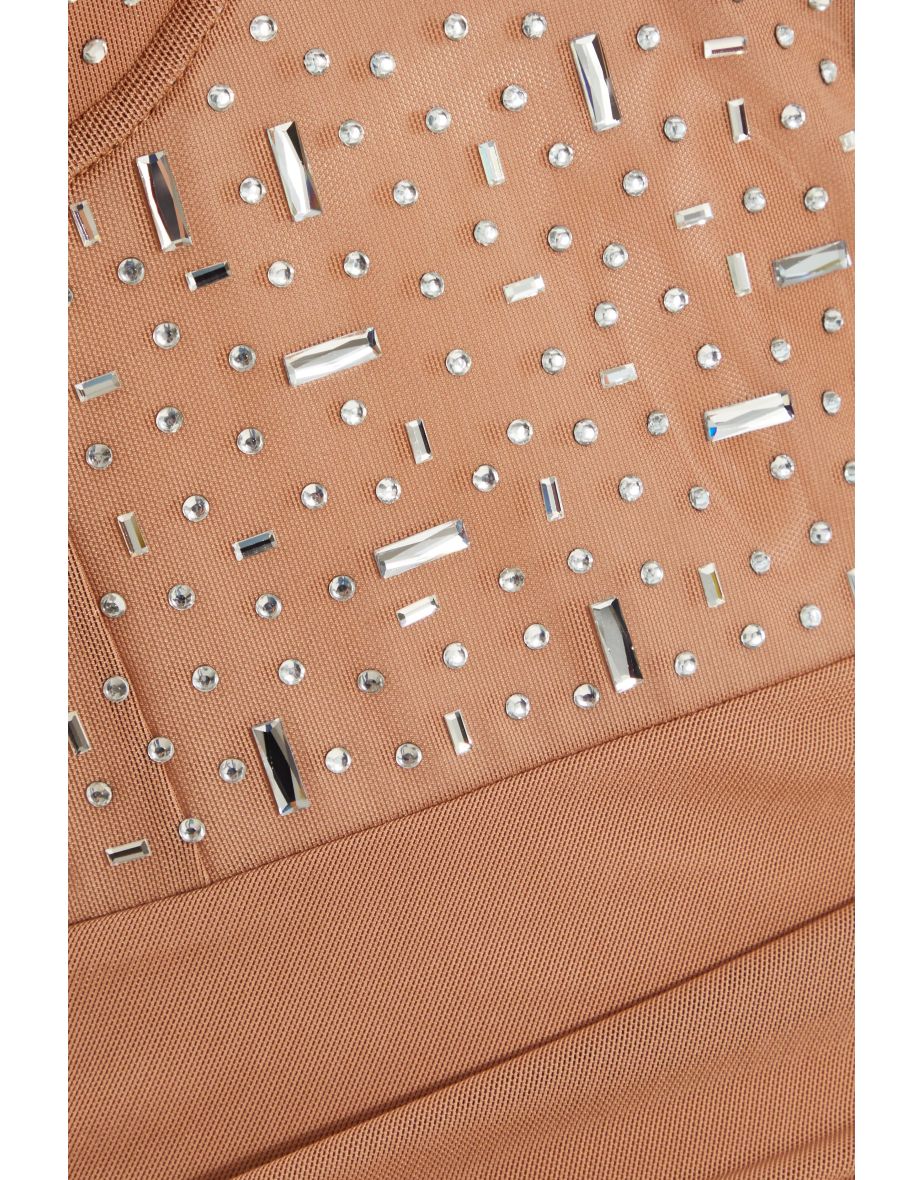 Nude Rhinestone Split Leg Maxi Dress - 5