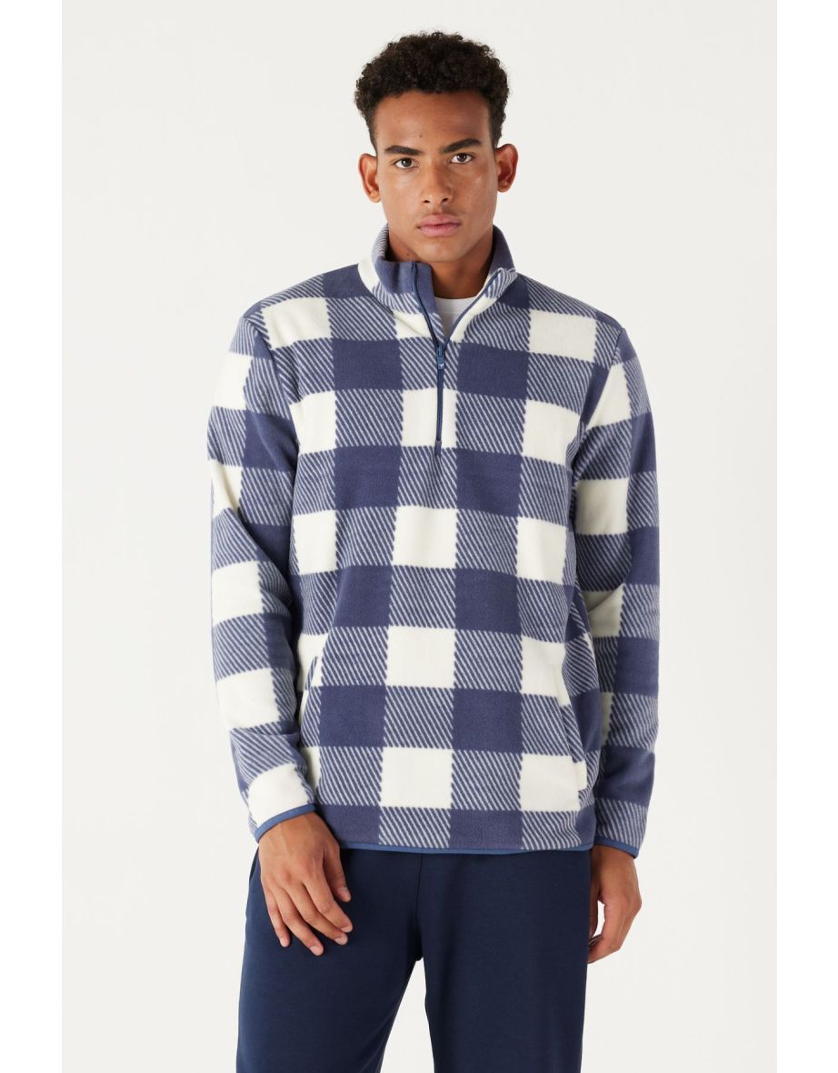 Men's Ecru Indigo Standard Fit Normal Cut Stand-Up Bato Collar Fleece Sweatshirt - 5