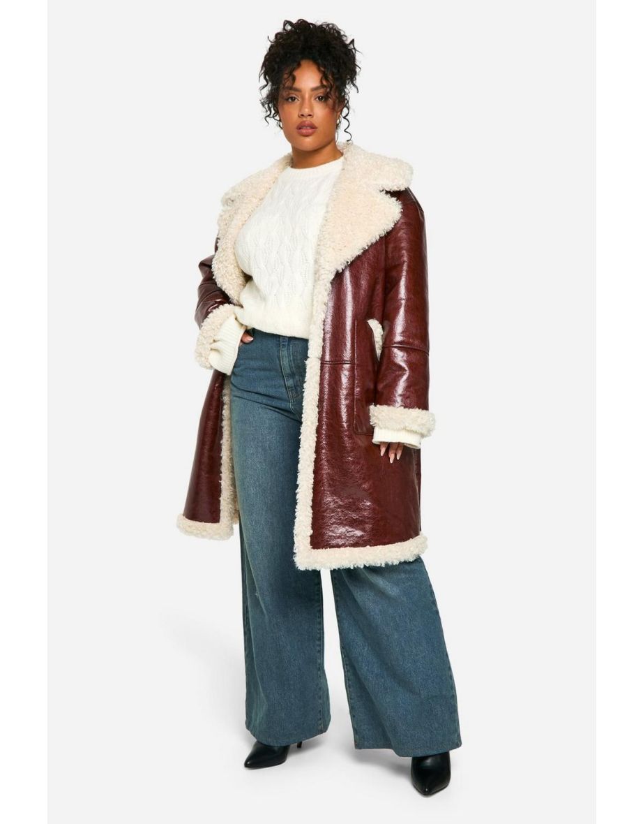 Plus Faux Leather Teddy Trim Longline Aviator Jacket - burgundy