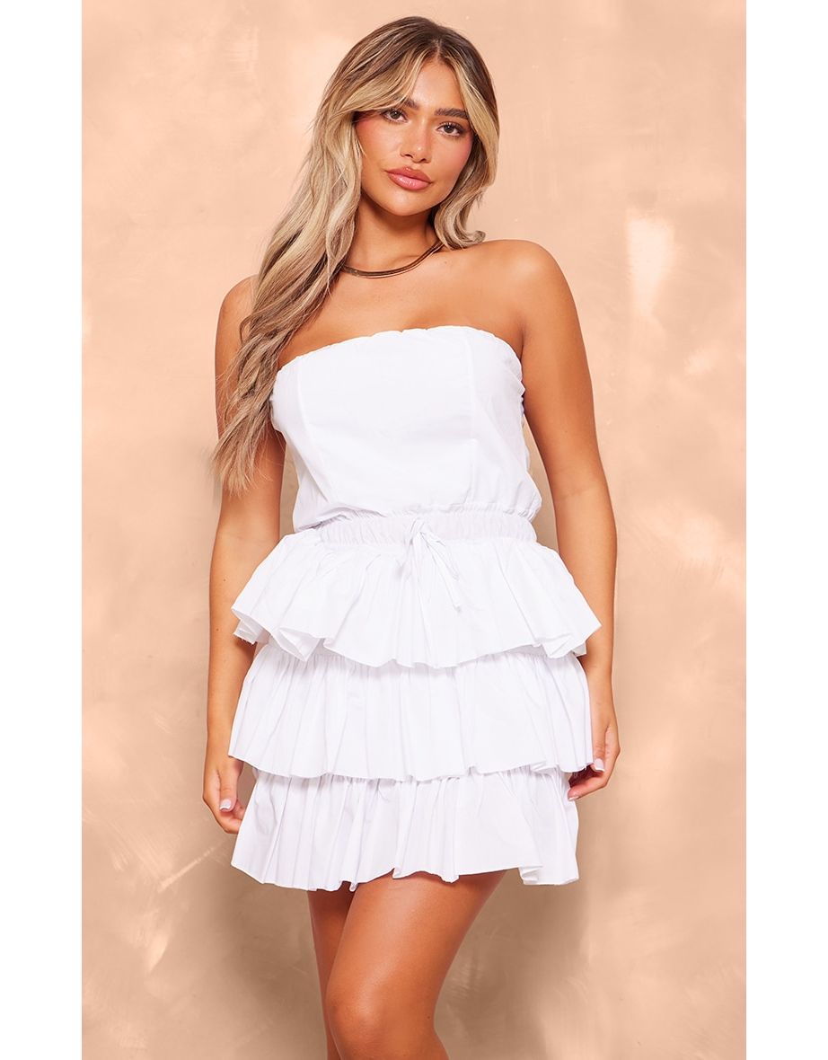 White Bandeau Tiered Elasticated Waist Mini Dress