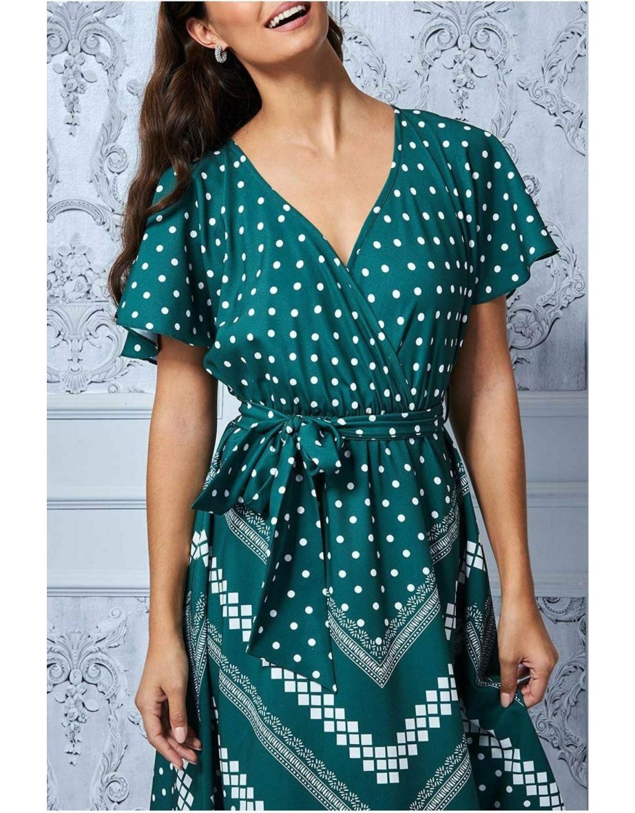Goddiva Wrap Style Flutter Sleeve Midi Dress - Emerald Green - 3