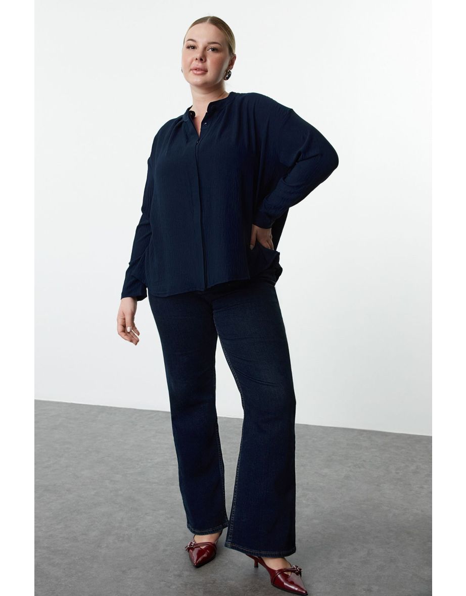 Navy Blue Woven Long Sleeve Plus Size Shirt with Side Slits